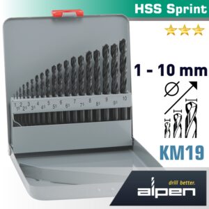Hss sprint drill bit set 19 piece 1-10 x 0.5mm in metal case(ALP KM19)