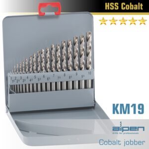 Cobalt drill bit set 19 piece 1-10 x 0.5mm in metal case(ALP KM19COB)