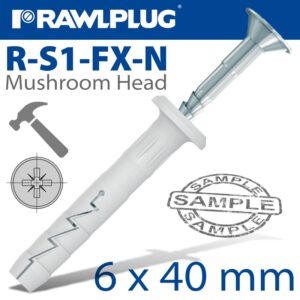 Nyl hammer-in fixing 6x40mm mush head x20-bag(RAW R-S1-FX-N06K040-20)