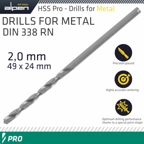 Pro hss 2mm drill din 338 rn 135 split point plastic wallet