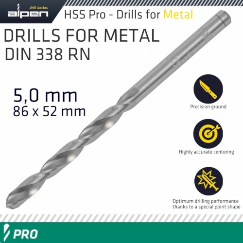 Pro hss 5mm drill din 338 rn 135 split point plastic wallet