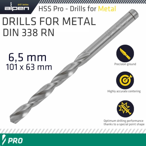 Pro hss 6.5mm drill din 338 rn 135 split point plastic wallet