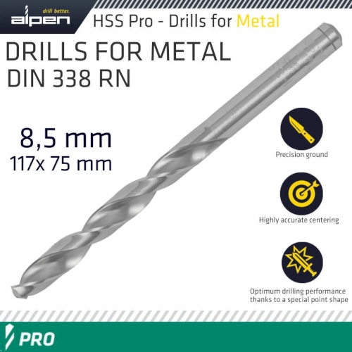 Pro hss 8.5mm drill din 338 rn 135 split point plastic wallet