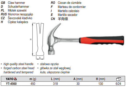YATO Claw Hammer Tubular Handle 450g | YT-4560
