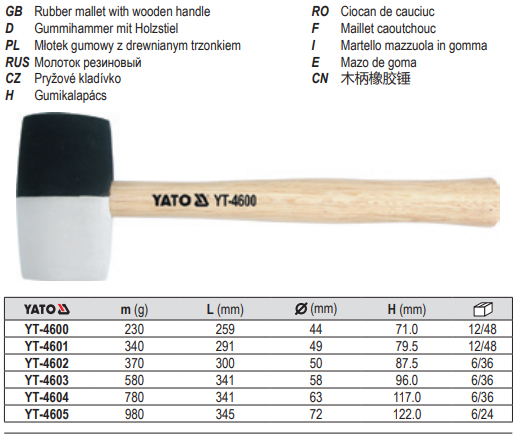 YATO Black & White Rubber Mallet - Wooden Handle 750g | YT-4604