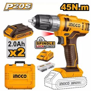Ingco 20V Cordless Drill 45Nm + 2.0Ah Batteries, Charger & 47Pc Accessories Kit | CDLI200528