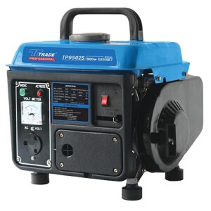 Providing clear product information is crucial. Kindly extract details for the Trade Trade Professional TP950 2S Petrol Generator, 900W | MCOG703A. This includes a Product Post Excerpt (short description), Main Product Discription, Specifications, Scope of Delivery and or any other relevant information if available (Features, User Benefits ect.) Utilize transition words effectively and minimize passive voice. Please refer to the HTML code output template provided earlier. The Specifications section, must not be bulletted! Scope of Delivery, must be bulleted. Remember to add the metric data in millimeters, in brackets after anything using imperial data. Available Information: Fitted with a powerful 4-stroke engine, the Trade Professional Inverter Generator delivers a maximum power output of 5000 watts and a continuous power output of 4500 watts. Ideal for domestic to site use, the efficient generator is fitted with an automatic voltage regulator to deliver a constant and reliable power supply. The robust generator is equipped with pure sine wave technology to provide stable power for sensitive electronic devices for up to 4.5 hours on 12L fuel with a quiet noise level of 68 decibels. The generator is installed with an electric and recoil start. INTRODUCTION TO THE PRODUCT The Trade Professional 220V Generator provides enough power to handle small household appliances, providing 950 peak watts and a rated wattage of 650W. The generator provides a steady and reliable voltage supply for approximately 6 hours on a full tank of 4L unleaded fuel with a 2 Stroke Oil Ratio of 50:1. Compact and lightweight, the portable generator is designed with a recoil start and a 2-stroke air-cooled engine. The generator delivers a lower noise level of 74db, making it ideal to use in spaces with a noise restriction to conveniently power essential items such as lights, a laptop, TV or for camping. Stock Code (SKU) MCOG703A Barcode 6003398094839 Brand TRADE PROFESSIONAL Colour Blue/Black Made from / Composition Metal Warranty 24 MONTHS What's in the box • 1x Generator • 1x Manual Features and Specifications • Output: 0.9kW • Rated A.C. Output: 0.65kW • A.C. Frequency: 50HZ • Rated Voltage: 220V • Start: Recoil • Fuel Capacity: 4L • Air Cooled: Yes • 2 Stroke: Unleaded fuel with 2 Stroke Oil Ratio 50:1 • Noise Level: 74db WARNING! A pre-mix of 2 Stroke Oil & Petrol must be used to operate this generator. Mixture Ration is, 50 to 1, ie - Mix 50ml oil with every litre of petrol. Failure to use the oil and petrol mixture will result in your generator seizing. Please Note: Kindly be aware that the images serve solely for illustrative purposes; the items included in the delivery are specified in the product content/description or as indicated by the product title.