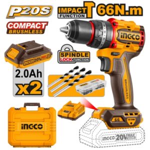 Ingco 20V Cordless BL Impact Drill Kit 66Nm, 2 x 2.0Ah Batt. Pk. | CIDLI20668