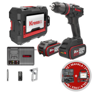 Kress 20V Cordless Brushless Hammer Drill, 60Nm, 2 x 4.0Ah Batt. Pk. + FREE Cordless LED Jobsite Light & 25Pc Drill & Driver Bit Kit