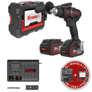 Kress 20V Cordless Brushless Hammer Drill, 90Nm, 2 x 4.0Ah Batt. Pk. + FREE Cordless. LED Jobsite Light (Bare Tool) & 25Pc Drill & Driver Bit Kit