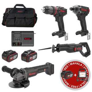 Kress 4Pc 20V Cordless Brushless Power Tool Kit, 1 x 4.0Ah & 6.0Ah Batt. Pk. + FREE Cordless LED Jobsite Light (Bare Tool) & 1 x 4.0Ah Batt. PK.