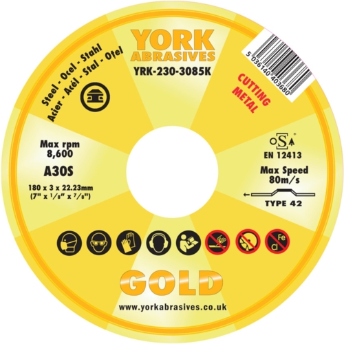 York Cutting Disc, AlOx, 30-Medium/Coarse, 180 x 3 x 22.23mm (A30S) | YRK2303085K