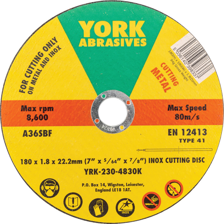 York Cutting Disc, AlOx, 36-Medium, 180 x 1.8 x 22.23mm (A36SBF) | YRK2304830K