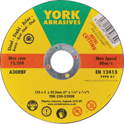 York Cutting Disc, AlOx, 30-Medium/Coarse, 125 x 3 x 22.23mm (A30RBF) | YRK2305200K