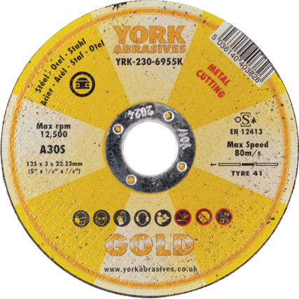 York Cutting Disc, AlOx, 30-Medium/Coarse, 125 x 3 x 22.23mm (A30S) | YRK2306955K