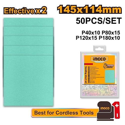 Ingco 50Pc Sanding Sheet Set, 145 x 114mm | AKFS145115