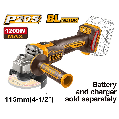 Ingco 20V Cordless Brushless Angle Grinder 115mm (Solo Unit) | CAGLI221153