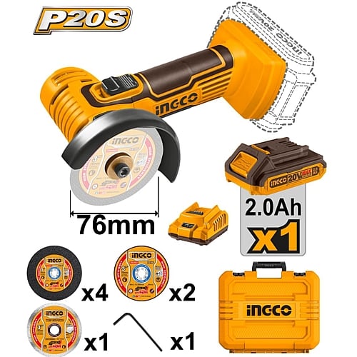 Ingco 20V Cordless Mini Cut-Off Tool 76mm, 1 x 2.0Ah Batt. Pk. | CAGLI76012