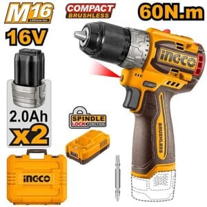 Ingco 16V Cordless Brushless Drill 60Nm, 2 x 2.0Ah Batt. Pk. | CDLI16682