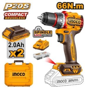 Ingco 20V Cordless Brushless Drill 66Nm, 2 x 2.0Ah Batt. Pk. | CDLI20668