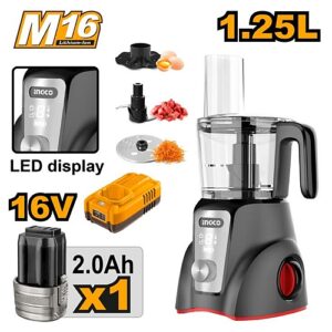 Ingco 16V Cordless Food Processor 1.25L, 1 x 2.0Ah Batt. Pk. | CFP027K