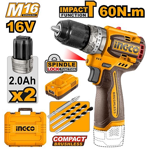 Ingco 16V Cordless Brushless Impact Drill 60Nm, 2 x 2.0Ah Batt. Pk. | CIDLI16682