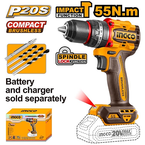 Ingco 20V Cordless Brushless Impact Drill 55Nm (Solo Unit) | CIDLI205581