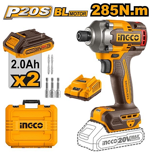 Ingco 20V Cordless Brushless Impact Driver 285Nm, 2 x 2.0Ah Batt. Pk. | CIRLI2028