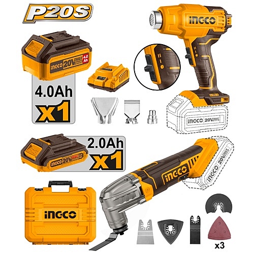 Ingco 2Pc Cordless Combo - Oscillating Multi-Tool + Heat Gun, 1 x 2.0Ah & 1 x 4.0Ah Batt. Pk. | COSLI230703