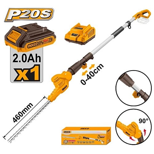 Ingco 20V Cordless Pole Hedge Trimmer, 1 x 2.0Ah Batt. Pk. | CPHT2016012