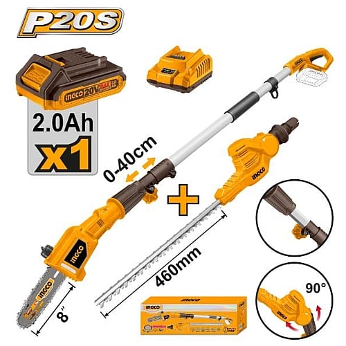 Ingco 2Pc 20V Cordless Combo - Pole Saw + Pole Hedge Trimmer, 1 x 2.0Ah Batt. Pk. | CPTS201681