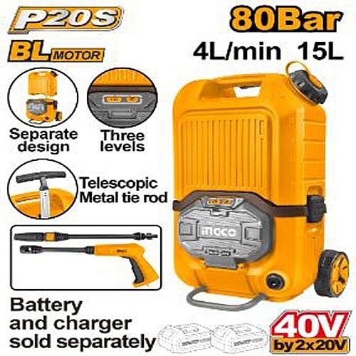 Ingco 40V (20V + 20V) Cordless Brushless Pressure Washer 15L (Solo Unit) | CPWLI4006