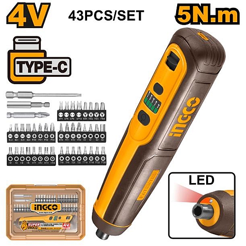 Ingco 4V Cordless Screwdriver 5Nm + 43Pc Accessories, Type-C USB Charging | CSDLI04062