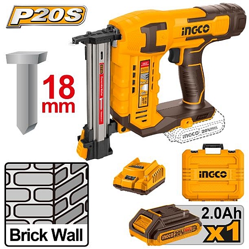 Ingco 20V Cordless Brick Nailer, 1 x 2.0Ah Batt. Pk. | CSTLI3808