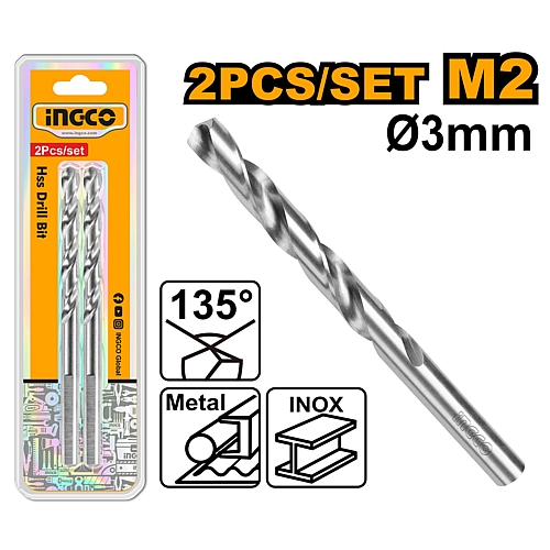 Ingco 2Pk M2 HSS Drill Bit, 3mm | DBT11300302