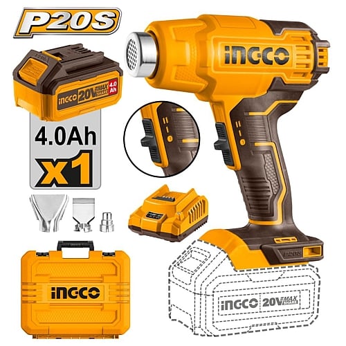 Ingco 20V Cordless Heat Gun, 1 x 4.0Ah Batt. Pk. | HGLI20025