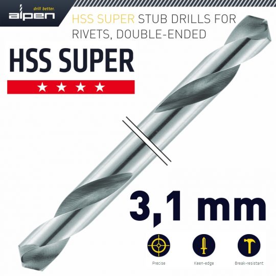 Hss super drill bit double ended 3.1mm 2/pouch